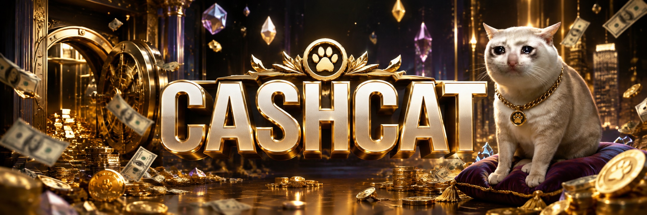 Cashcat on a royal cushion before an open gold vault